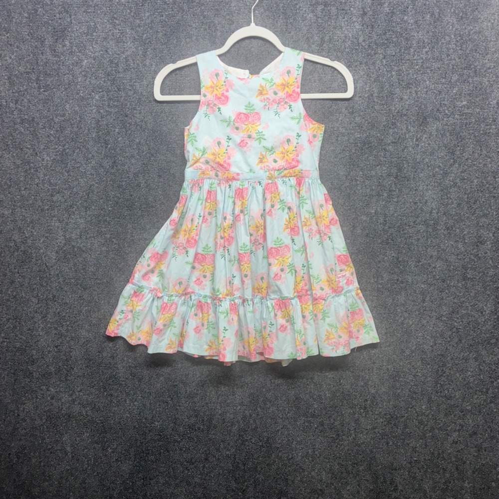 RuffleButts Floral Sleeveless Dress Kids 8 Blue Pink Yellow Ruffle Back Cutout